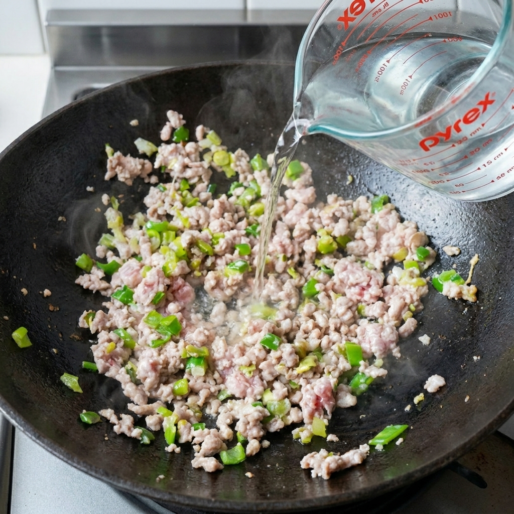 Water being poured into the wok from a glass measuring cup, covering the cooked pork mixture.
