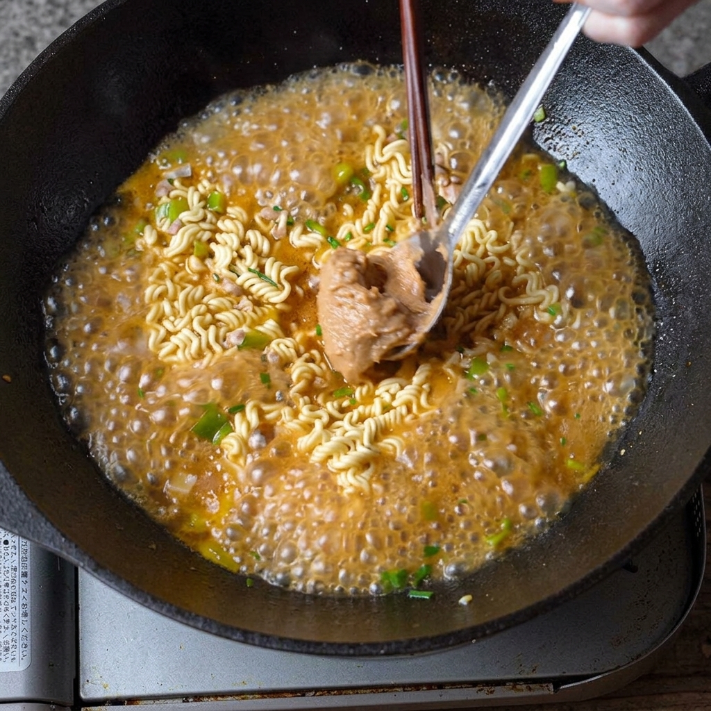 A spoonful of creamy peanut butter being stirred into a simmering pot of ramen noodles and broth.