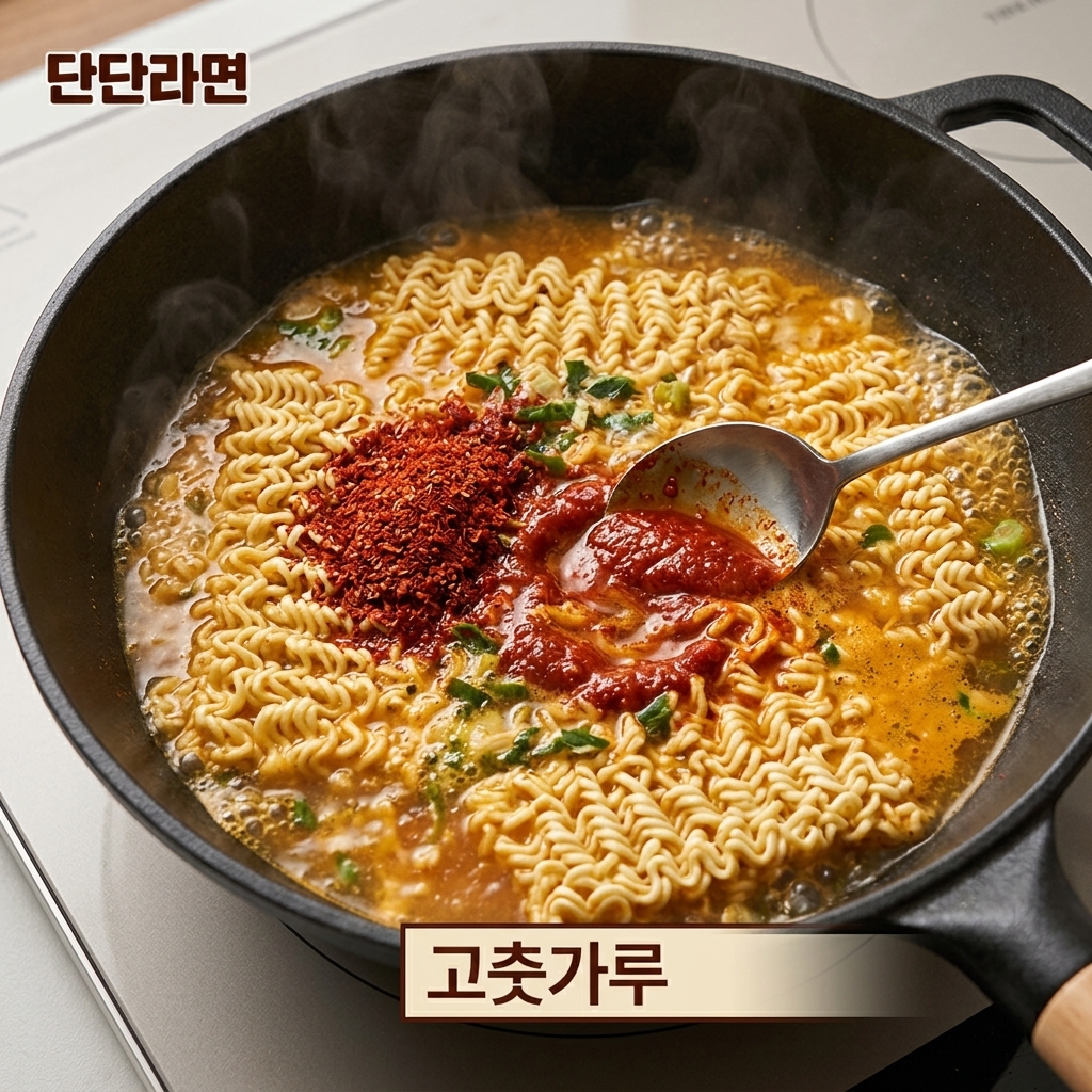 Chili powder being mixed into the ramen broth alongside the peanut butter.