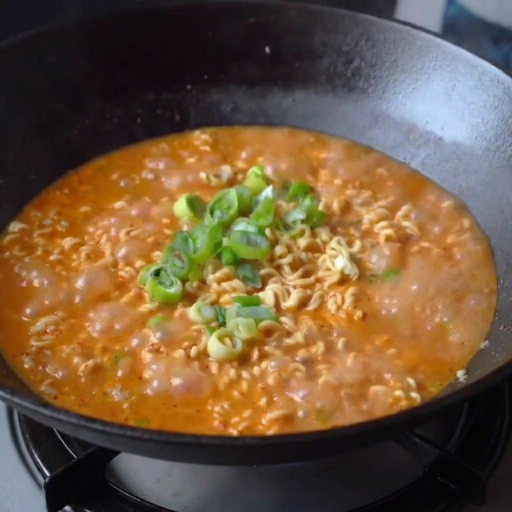 A finished pot of Dan Dan Ramen topped with a fresh sprinkle of chopped green onions.
