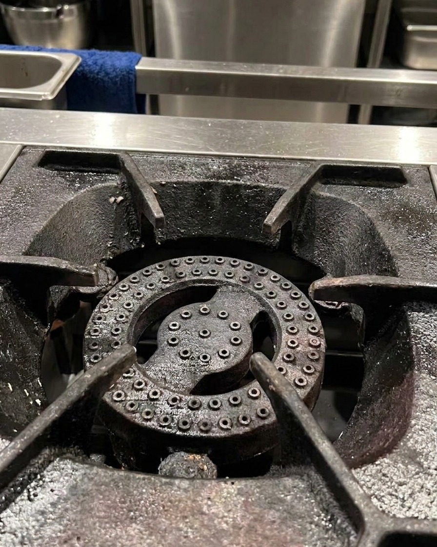 A close-up of a metal pot placed on a lit gas stove burner.