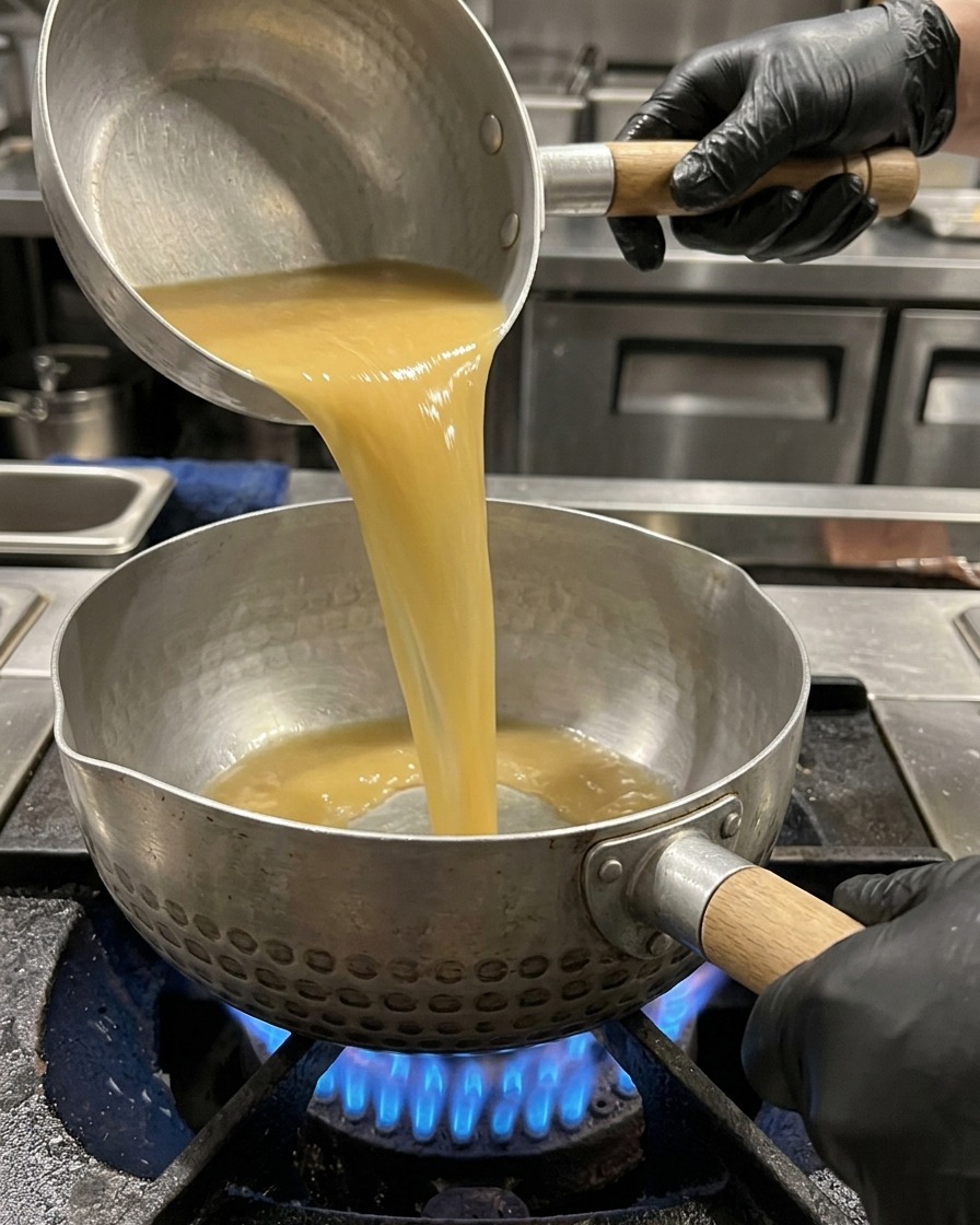 Tonkotsu broth being poured into a pot, followed by a dollop of creamy sesame paste.
