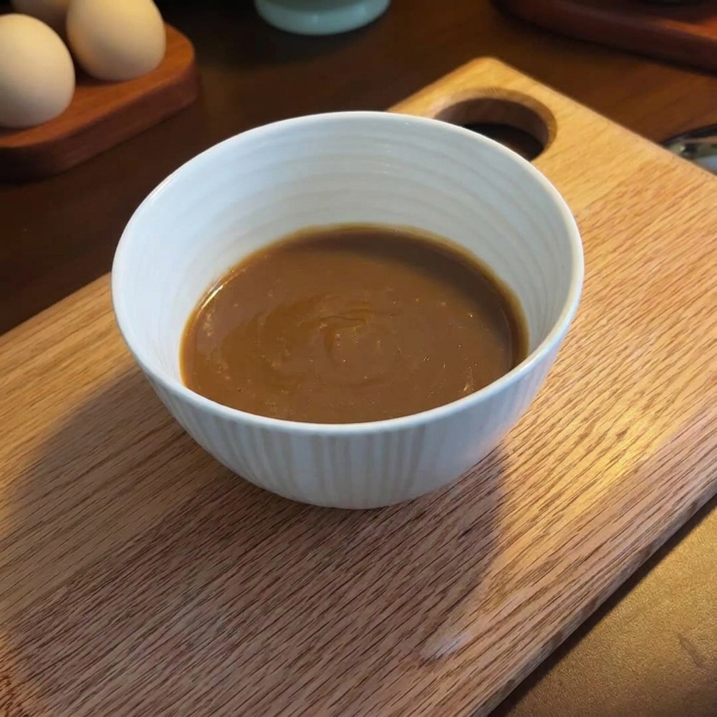 A smooth, creamy mixture of sesame paste, peanut butter, and miso in a white bowl.