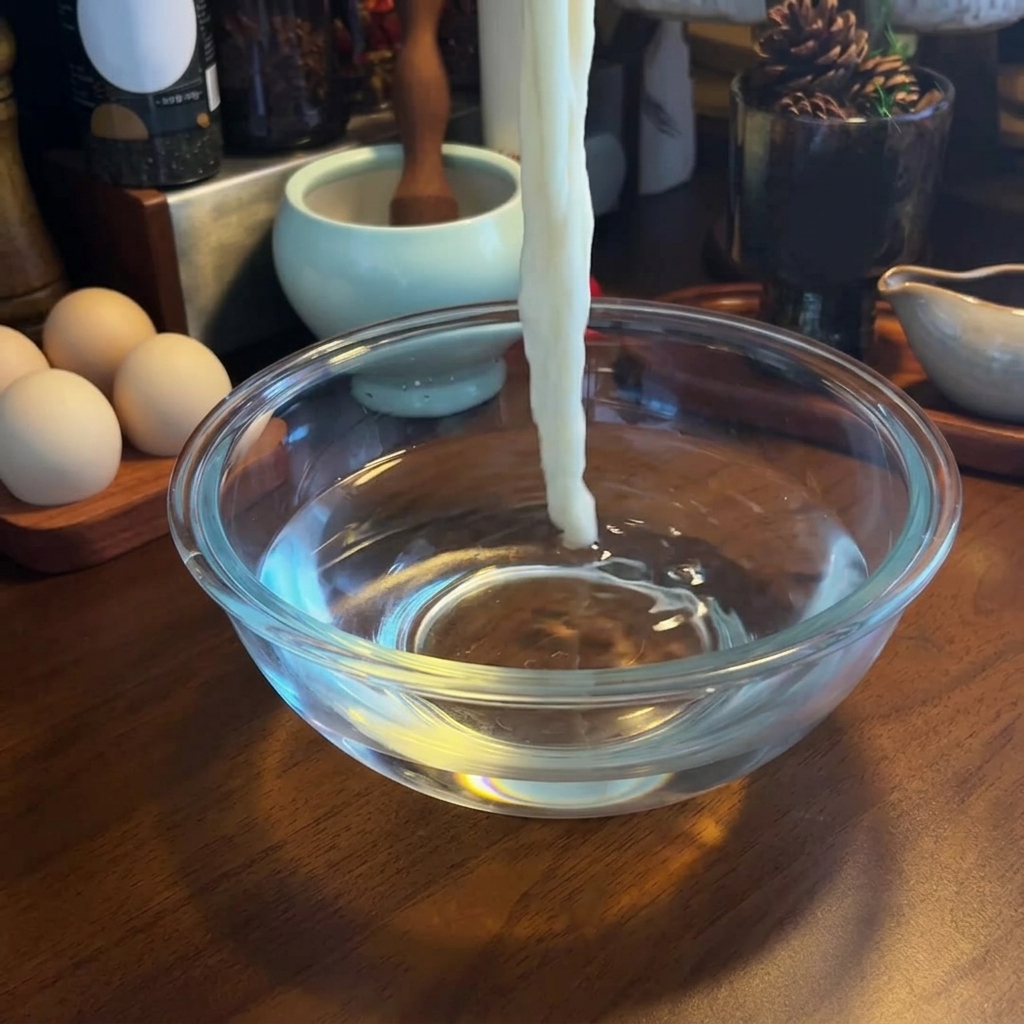 Cooked ramen noodles being rinsed in a glass bowl filled with cold water.