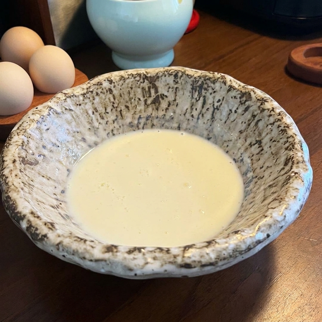 A speckled serving bowl filled with a creamy, milky white broth made from soy milk and dissolved miso paste.