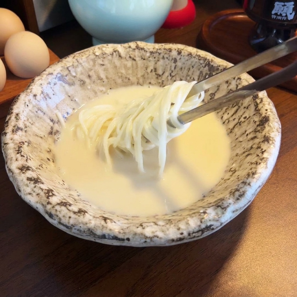 Cooked ramen noodles being lowered into the creamy soy milk and miso broth using chopsticks.