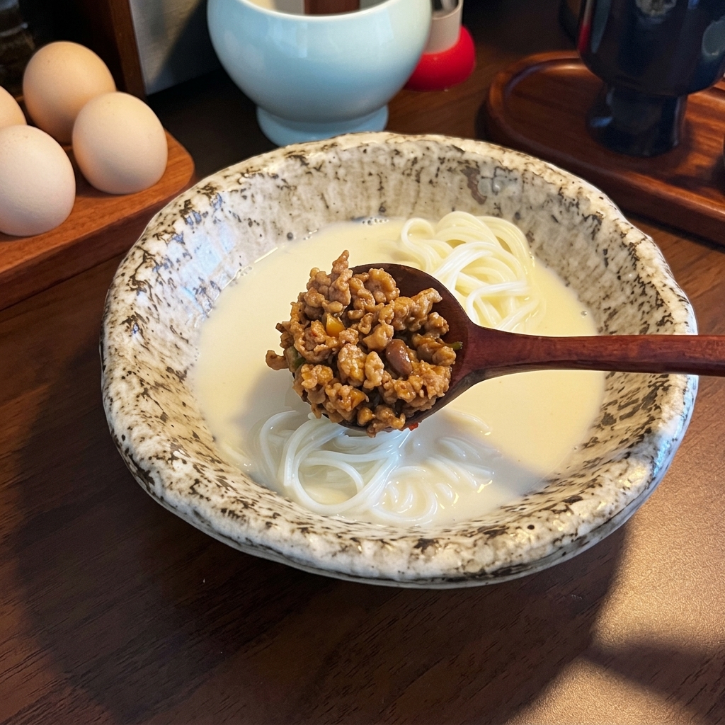 A wooden spoon holding savory, dark-brown stir-fried ground pork, hovering over the bowl of noodles and milky broth.