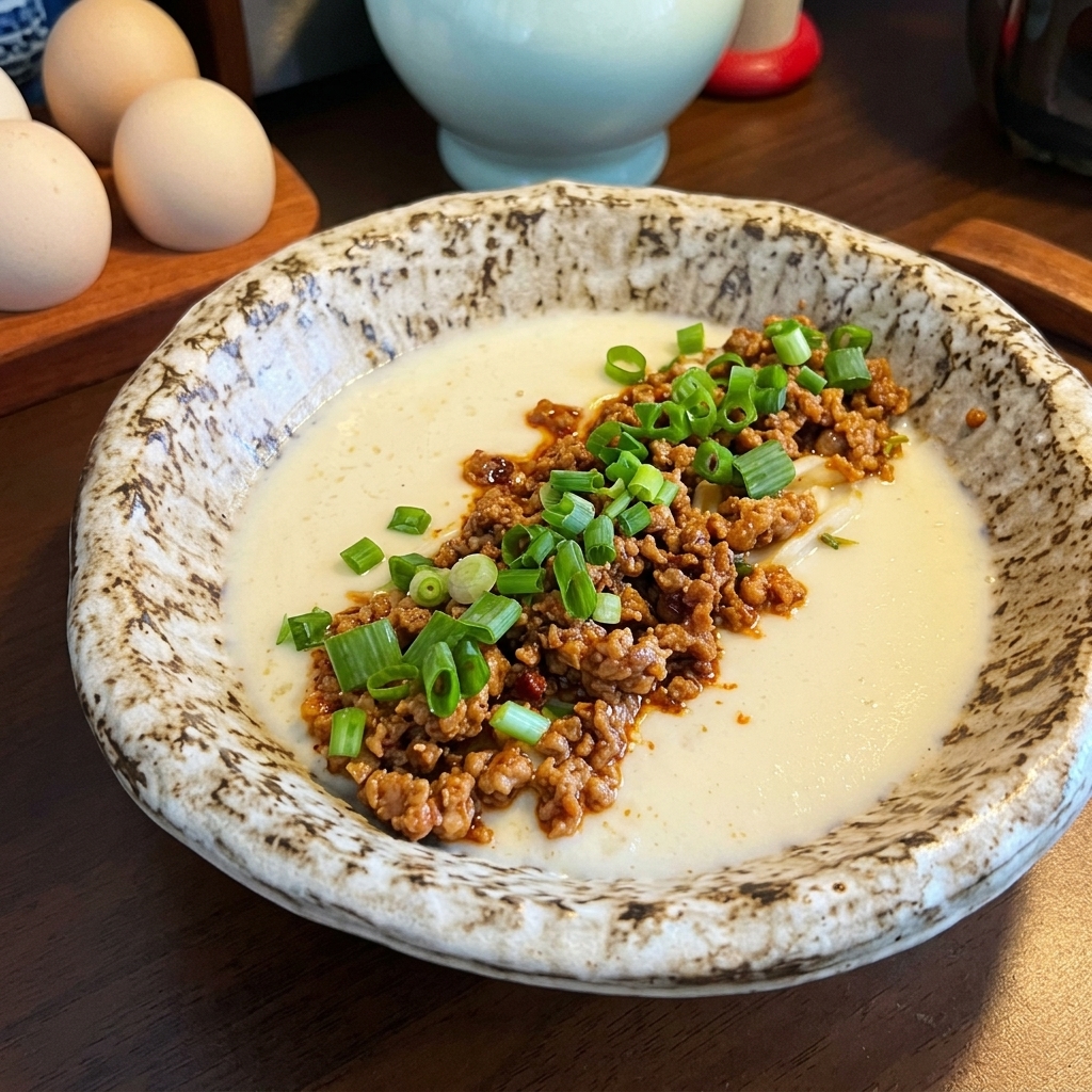 A bowl of creamy ramen topped with a mound of savory ground pork, freshly chopped green onions, and a drizzle of red chili oil.