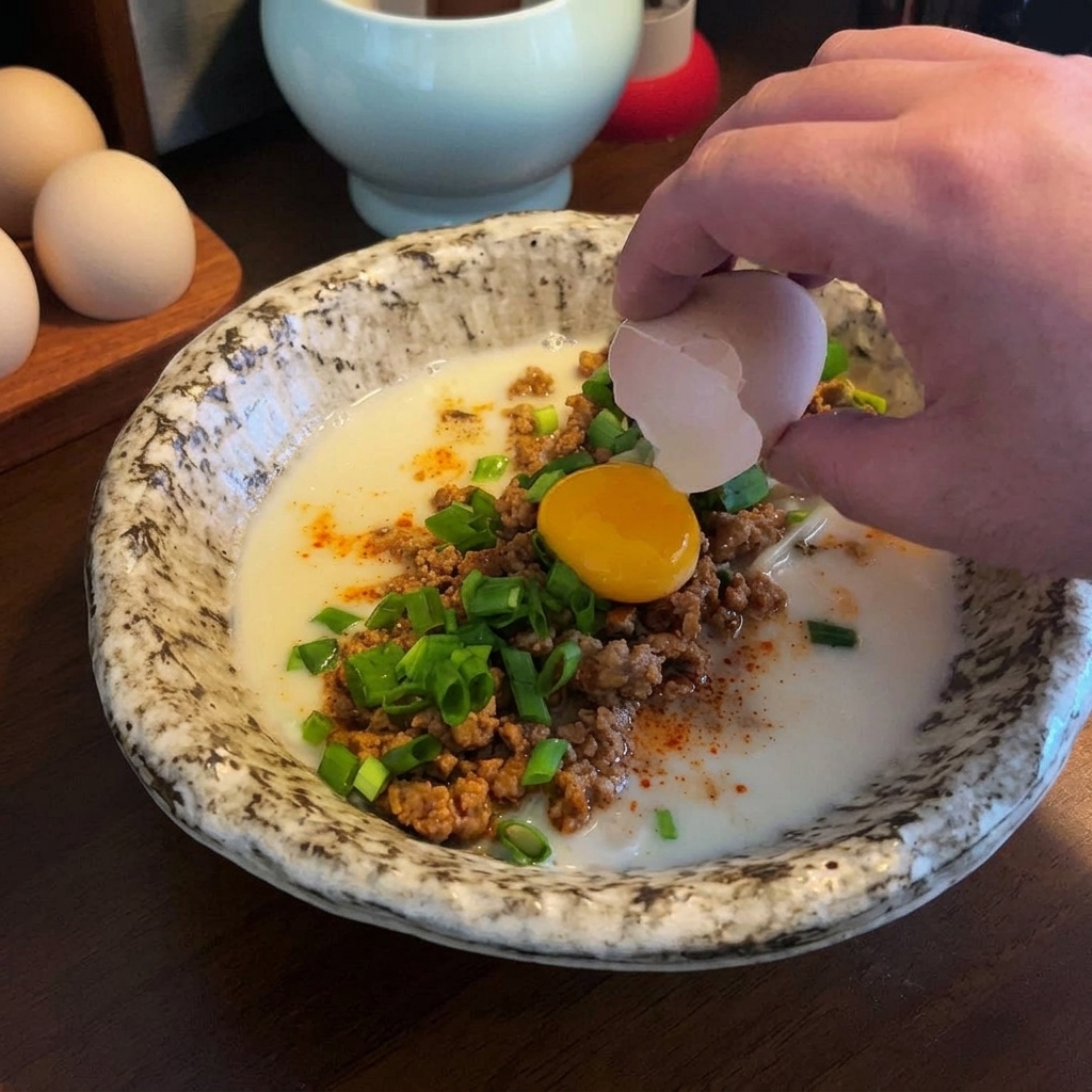 A hand cracking a fresh egg to drop the golden yolk directly onto the center of the prepared ramen bowl.