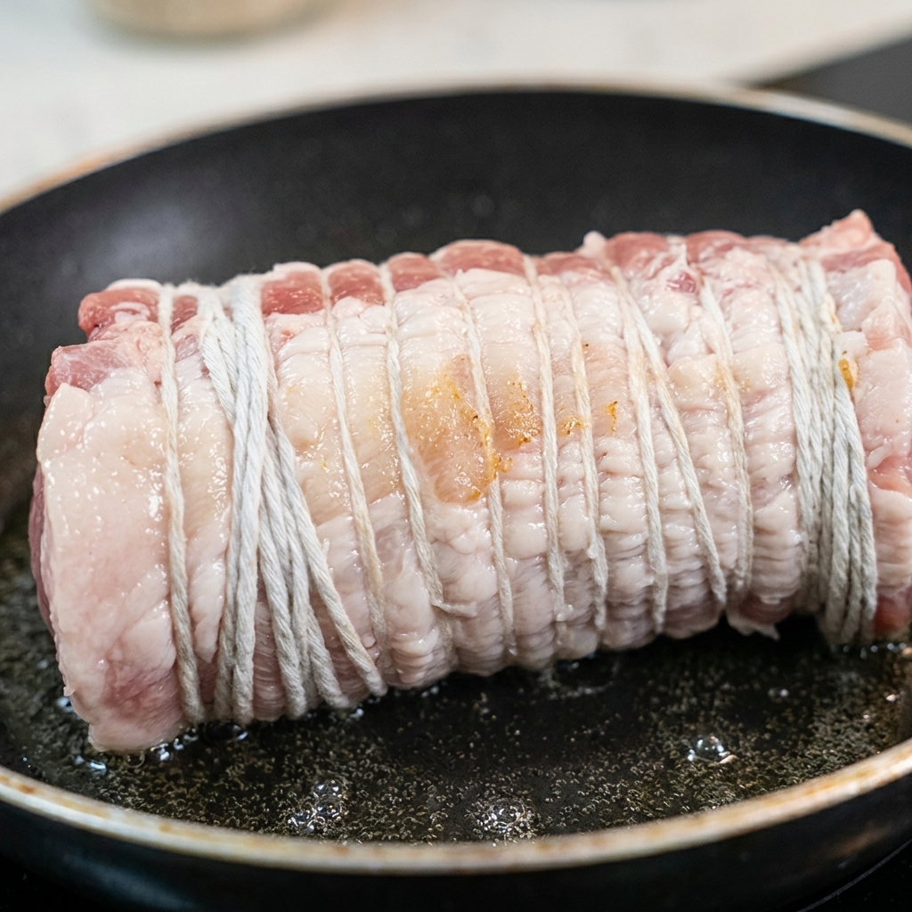 A tied pork belly roll being seared in a hot frying pan until browned.