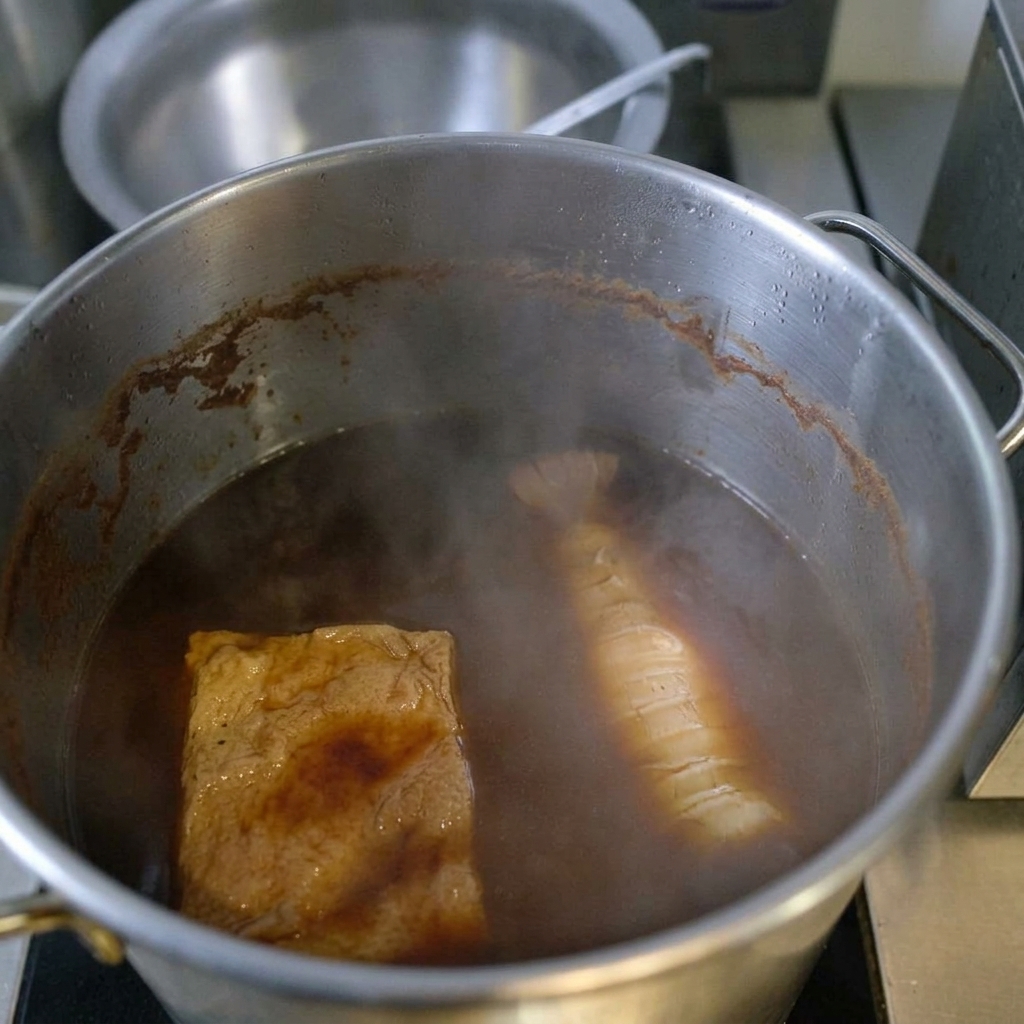Seared pork roll simmering in a dark, flavorful chashu sauce in a large metal pot.