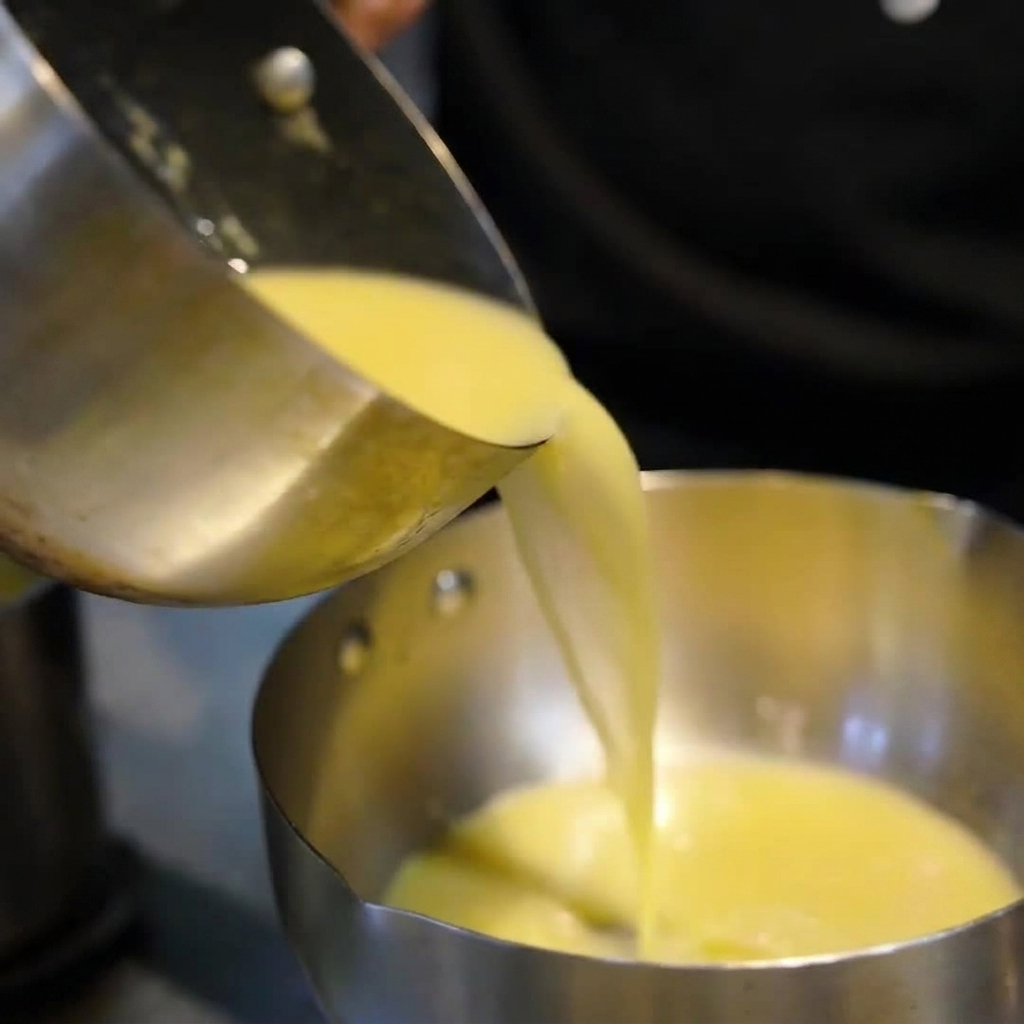 House-made miso paste being poured into a saucepan of hot broth.