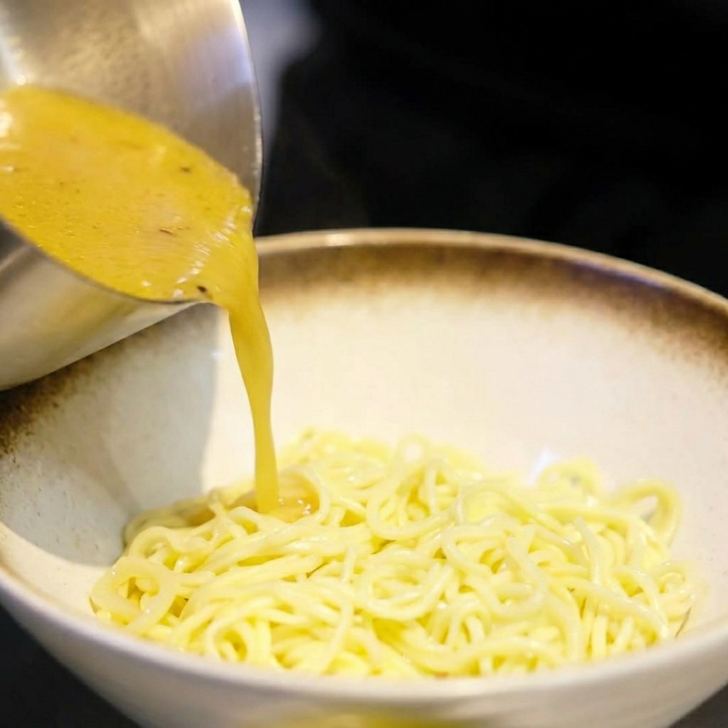 A close-up of hot, golden miso broth being poured from a stainless steel ladle into a bowl containing a nest of cooked ramen noodles.