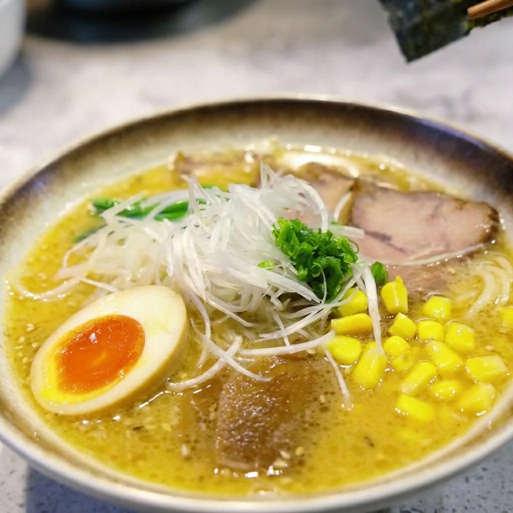 A top-down view of the completed bowl of miso ramen, featuring sliced chashu, a halved soft-boiled egg, vibrant yellow corn, and a mound of fresh green onions.
