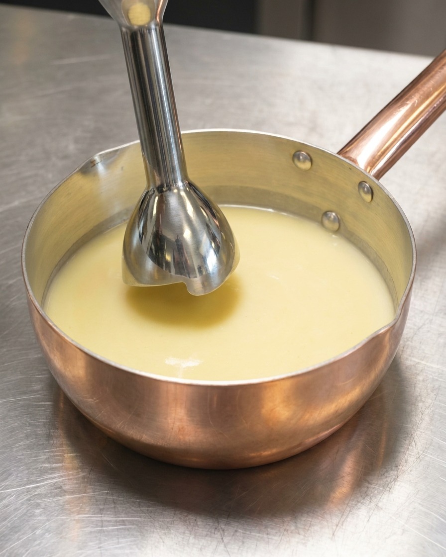 An immersion blender resting inside a copper pot filled with creamy chicken broth.