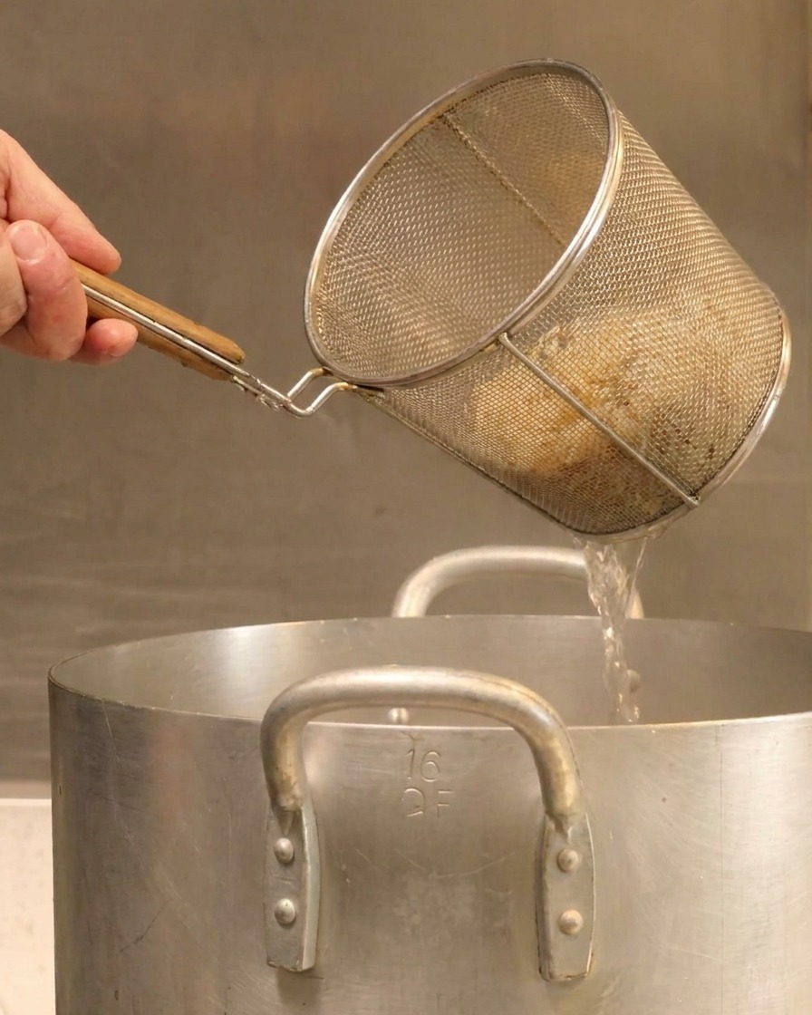 A hand holding a wire noodle strainer basket above a large pot, shaking off boiling water.