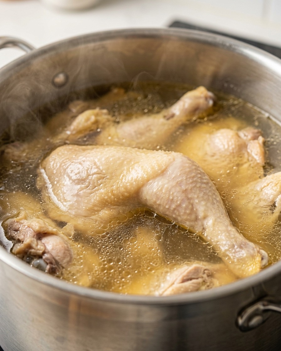 Chicken pieces simmering in a large pot of water on the stove.