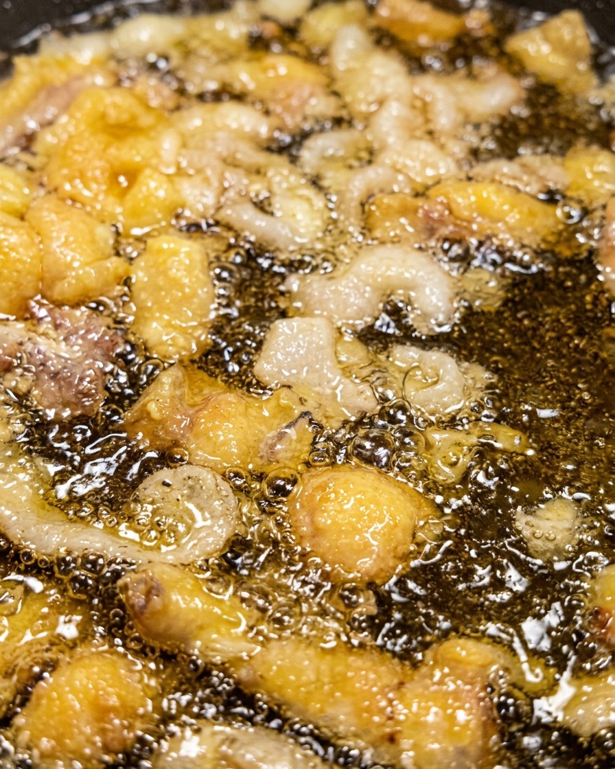 Chicken skins frying in a pan over low heat to release oil.