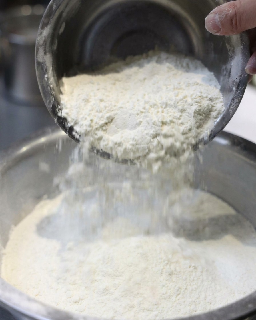 High-gluten flour and alkaline water being mixed in a dough mixer.