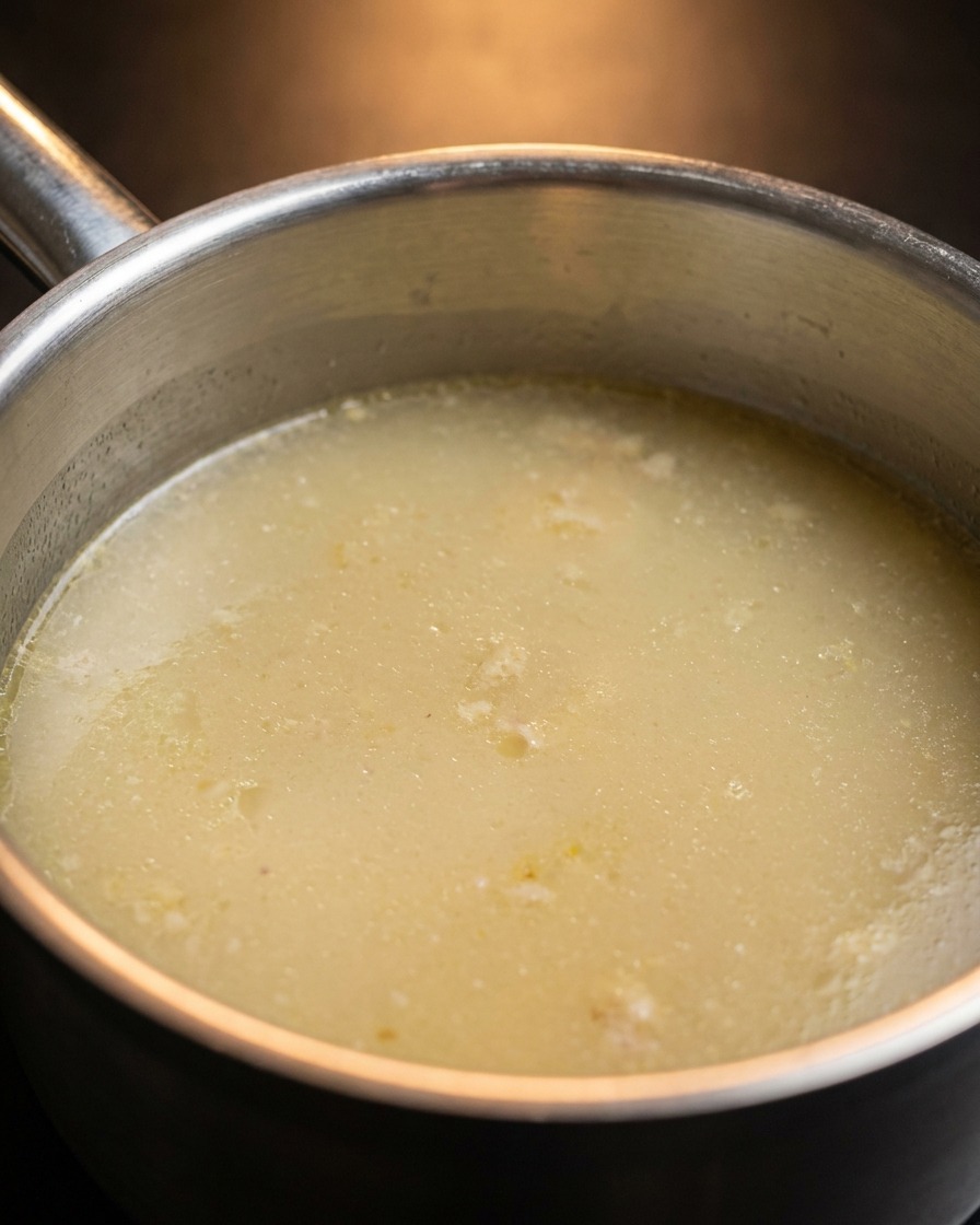 Chicken meat puree being mixed into a pot of simmering chicken broth.