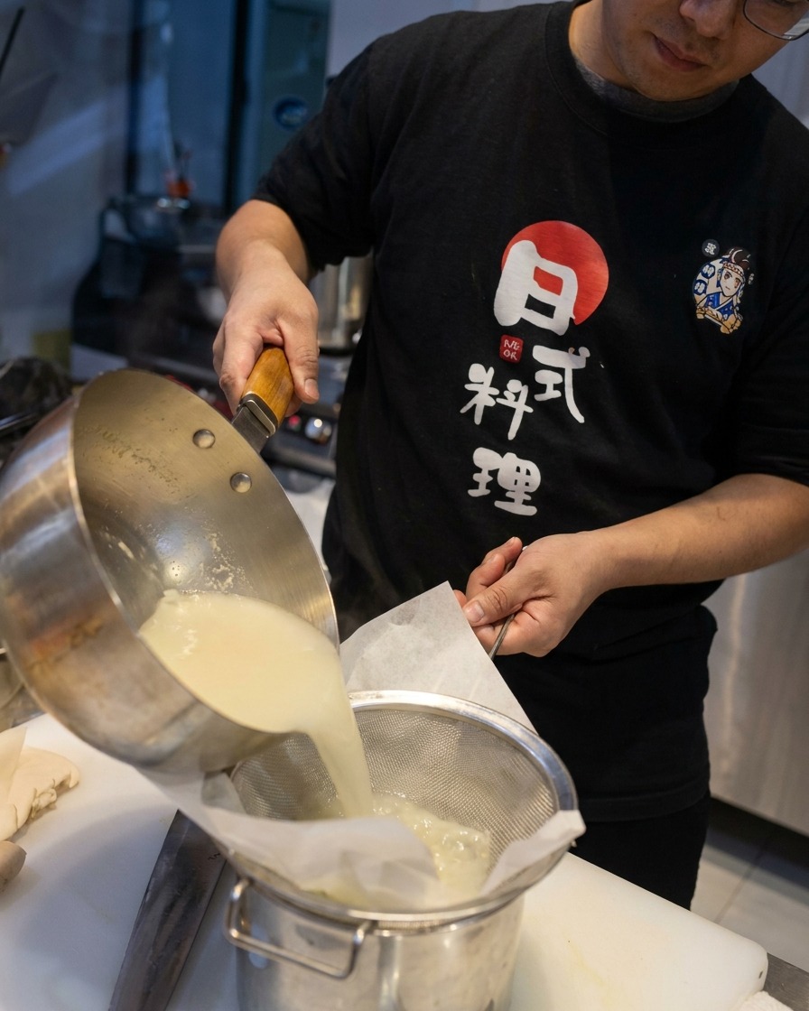 The milky white chicken soup base filtering through a paper-lined strainer into a stainless steel pot.