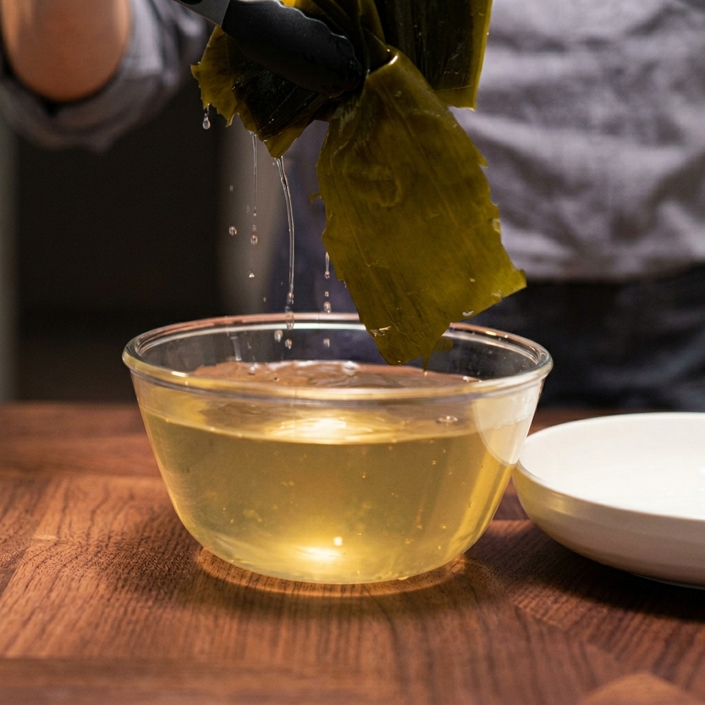 Close-up of tongs lifting a piece of rehydrated kombu from a bowl of golden liquid.