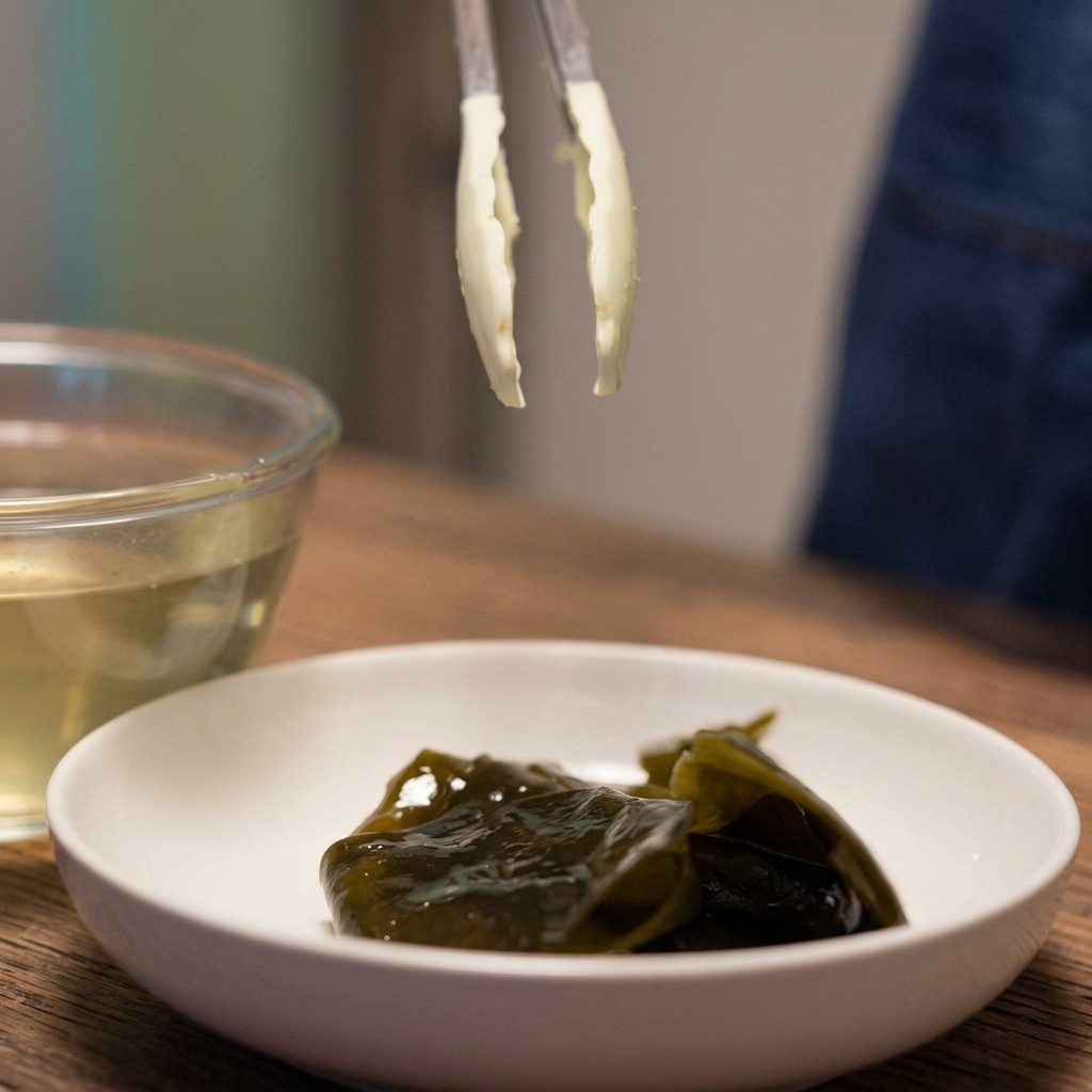 Kombu-infused water being poured into a clear glass pot on a wooden surface.