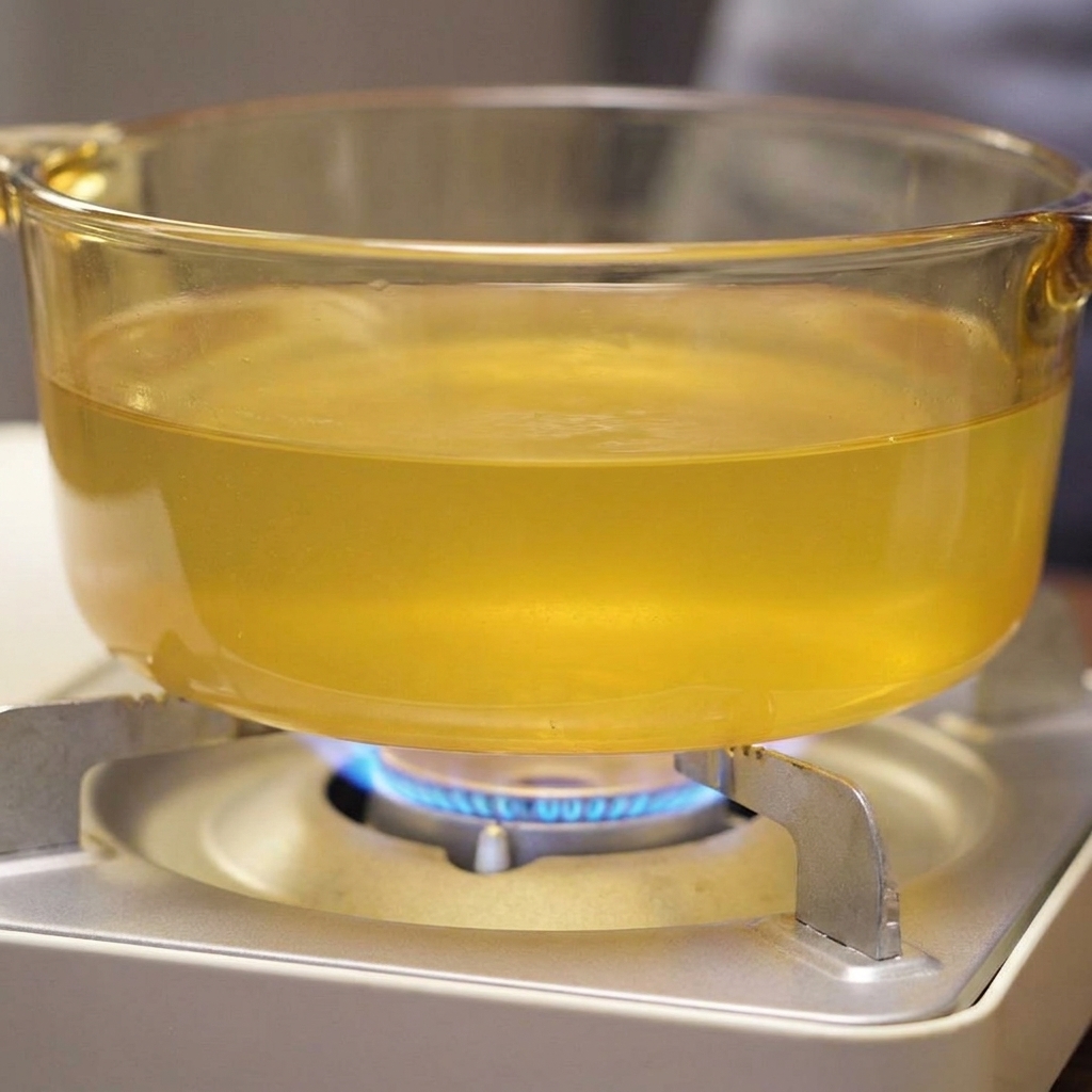Tongs removing strips of cooked kombu from a simmering pot of broth.