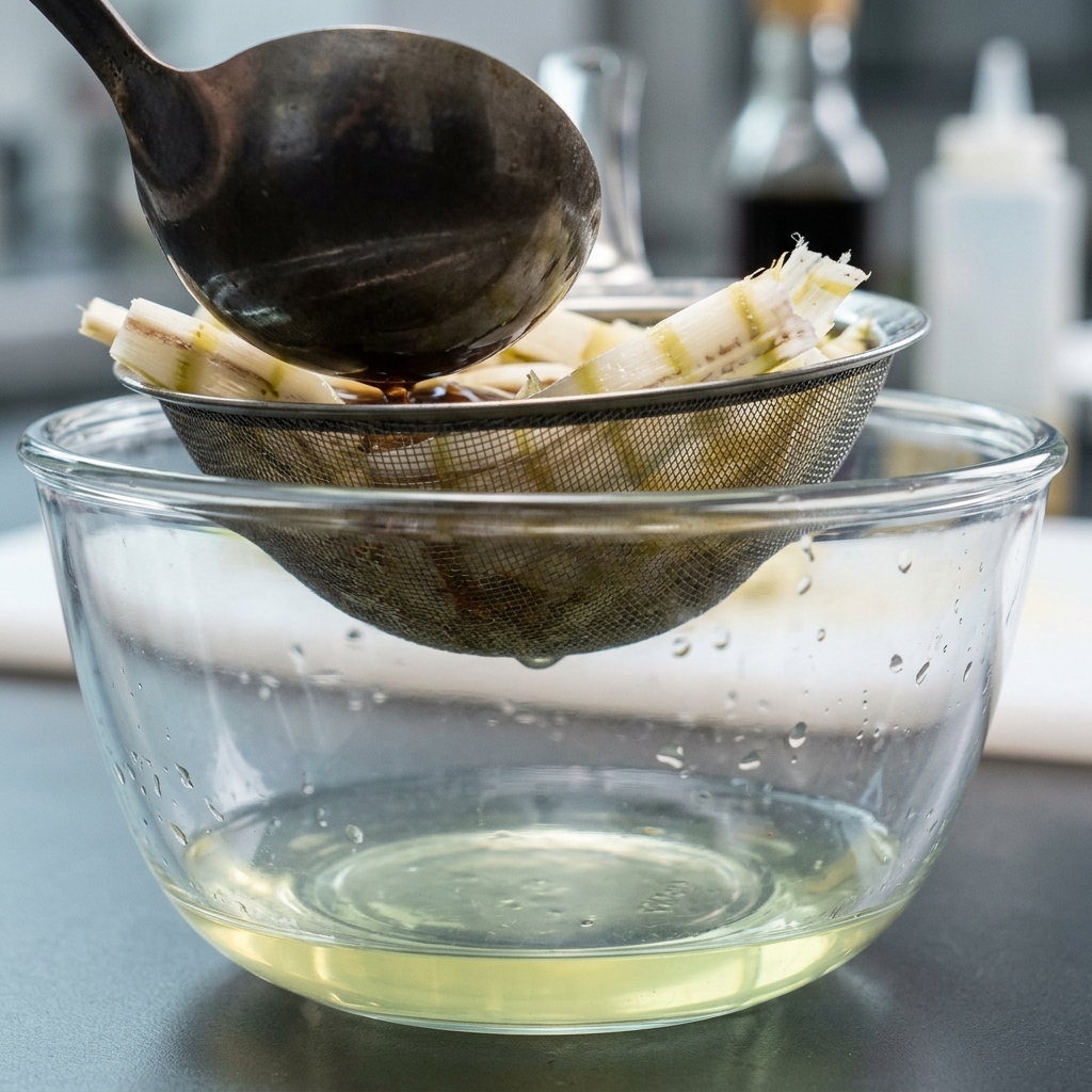 Straining the cloudy broth through a sieve lined with cloth into a clear glass bowl.