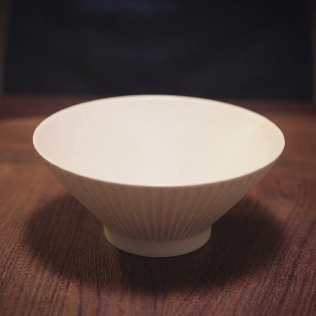 A close-up view of a spoonful of salt being carefully added to a clean, empty white ceramic serving bowl.