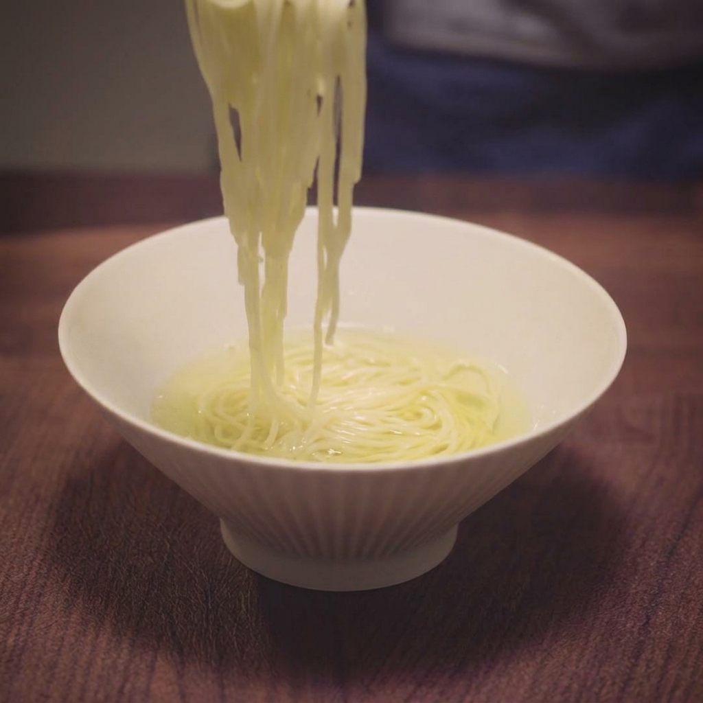 A pair of chopsticks lowering a nest of cooked, thin ramen noodles into a bowl filled with clear, golden broth.