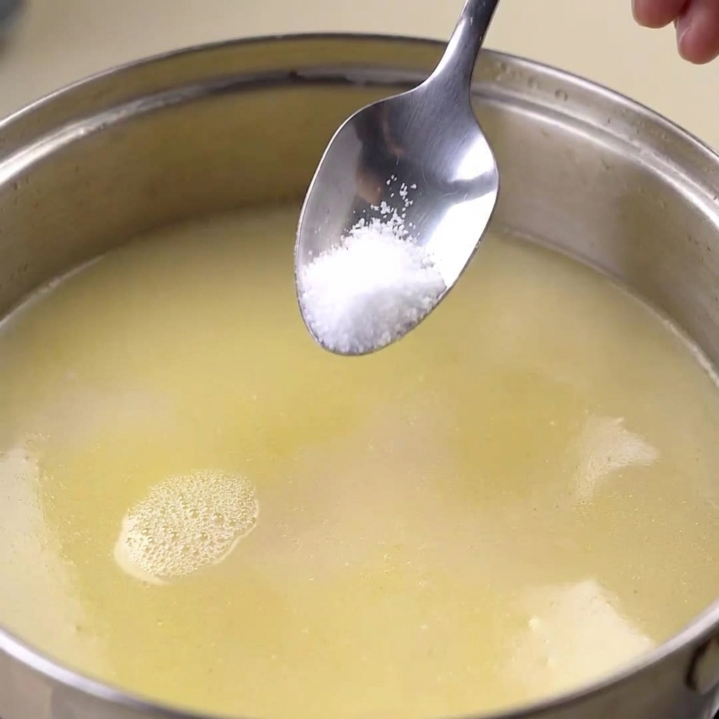 A small metal spoon holding salt being carefully lowered into a pot of creamy white chicken broth.