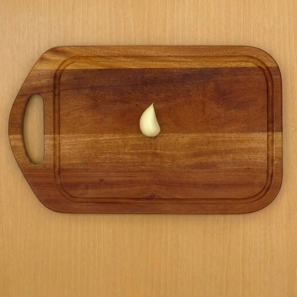 A single clove of garlic being crushed on a wooden cutting board with a knife.