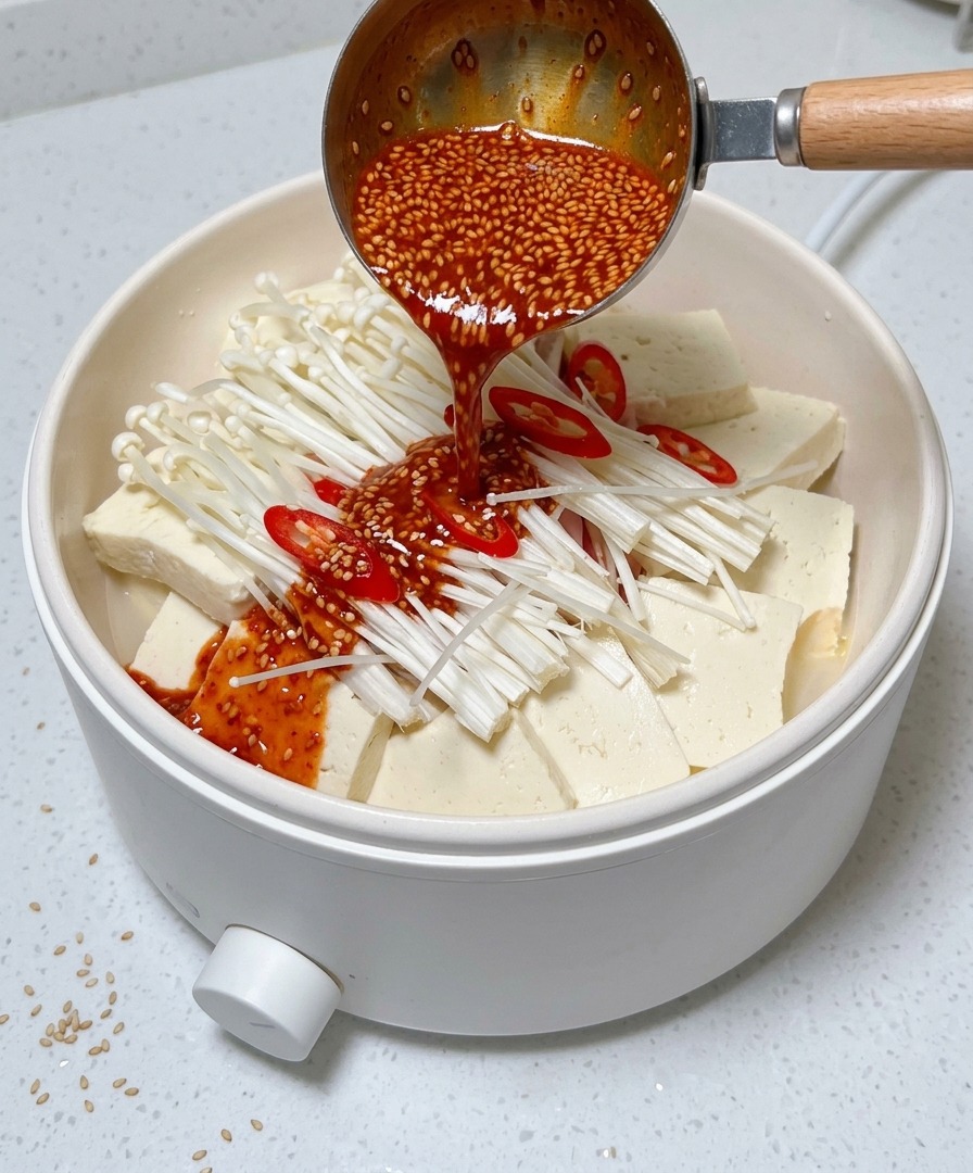 A yellow ladle skimming foam and impurities from the surface of boiling chicken broth.