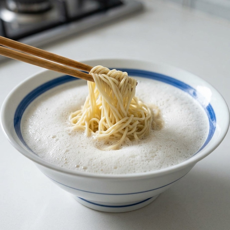A bowl of ramen being finished by pouring hot, creamy chicken broth over the noodles.