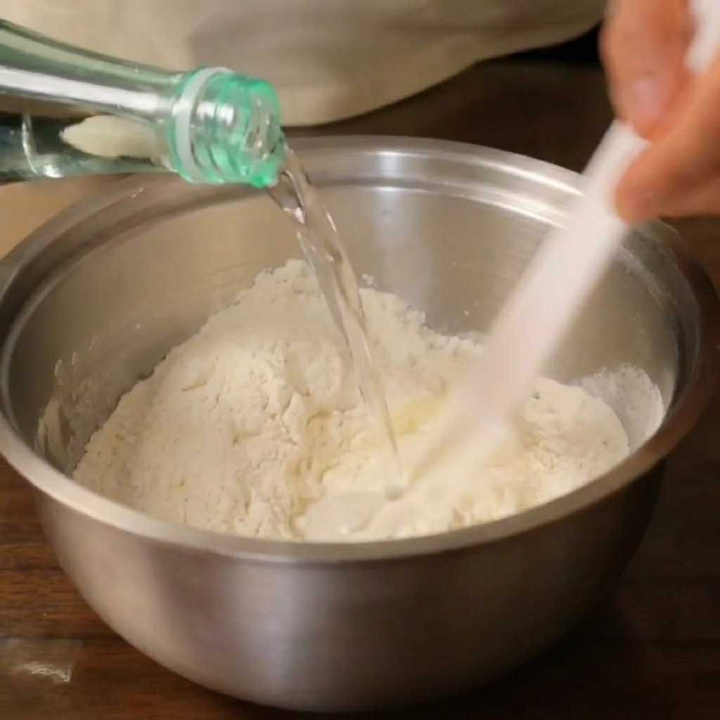 Water being poured into high-gluten flour in a metal bowl while being stirred with a spatula.