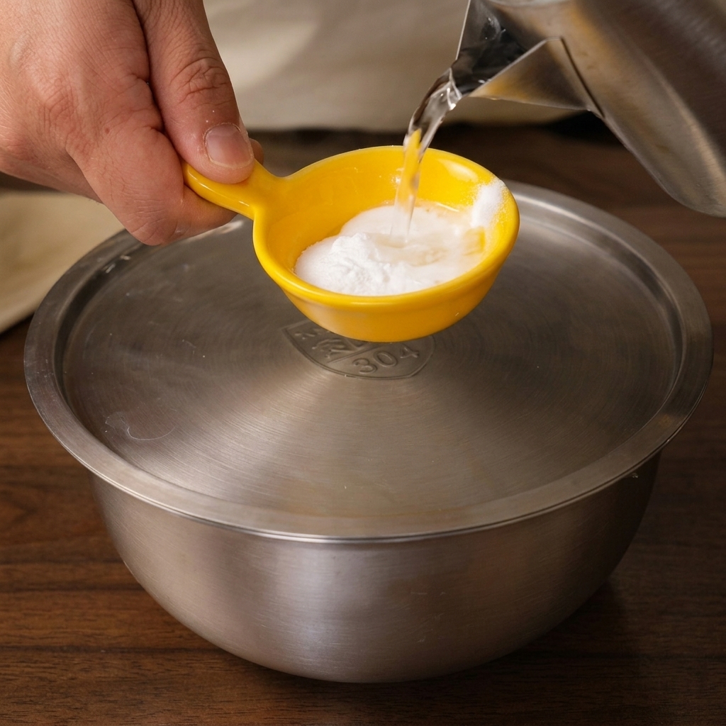 Warm water being poured from a kettle into a yellow measuring spoon containing edible alkali powder.