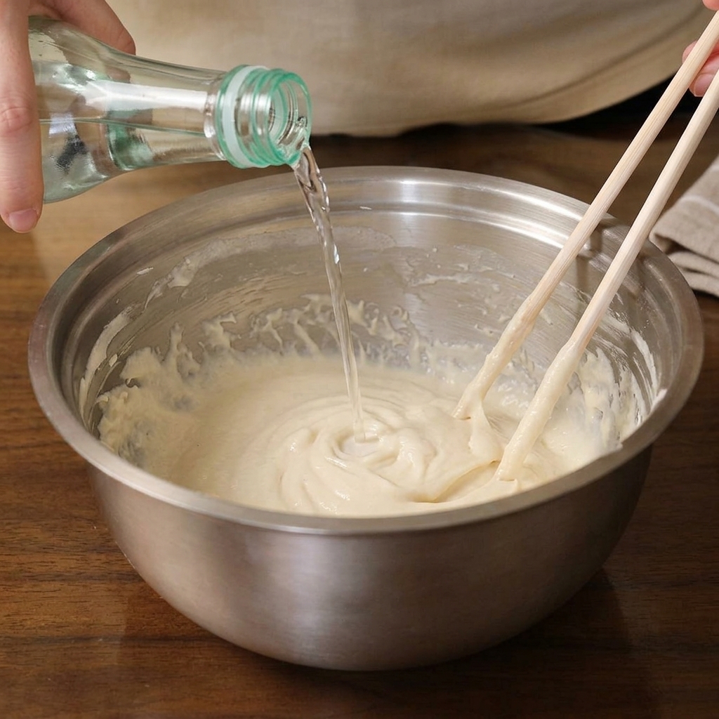 Water being poured from a glass bottle into a flour batter while being stirred with wooden chopsticks.