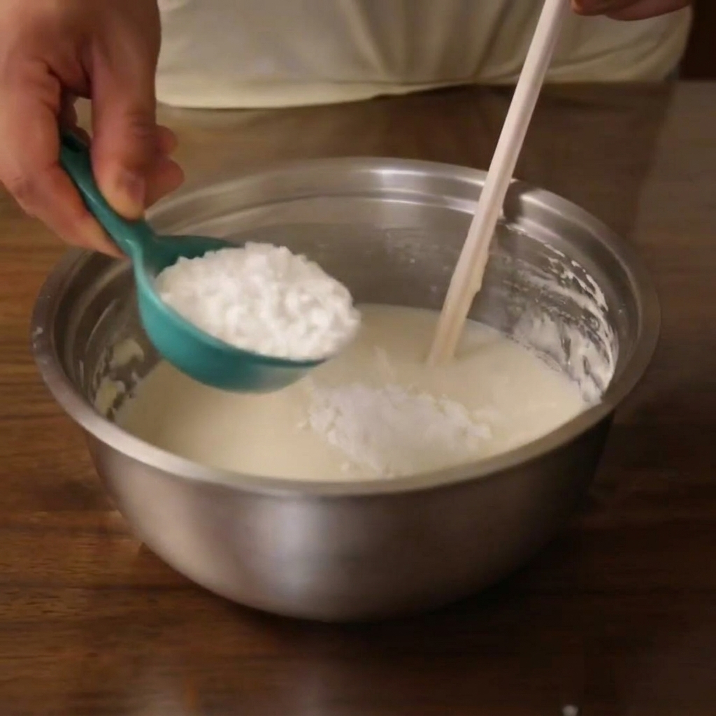 White pea starch being poured from a green measuring spoon into the batter mixture.