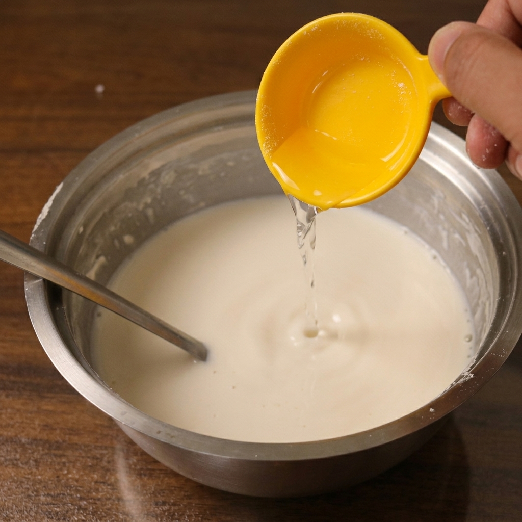 Alkaline water being poured from a yellow measuring spoon into the flour and starch batter.