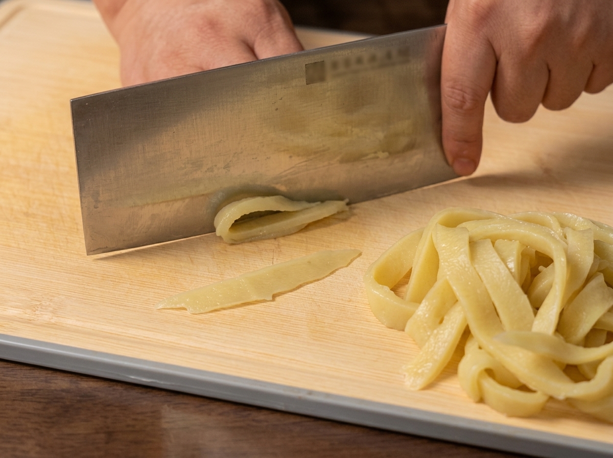 A large cleaver cutting a folded sheet of cooked dough into wide, thick noodles on a wooden board.