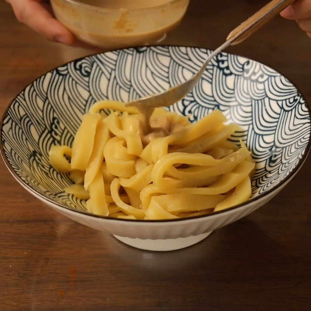 A spoon pouring creamy tahini and mustard sauce over a bowl of fresh, thick cut noodles.