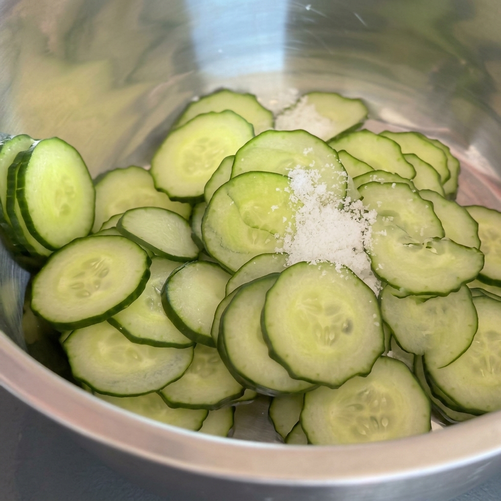 Sliced cucumbers being rubbed with salt in a metal mixing bowl.