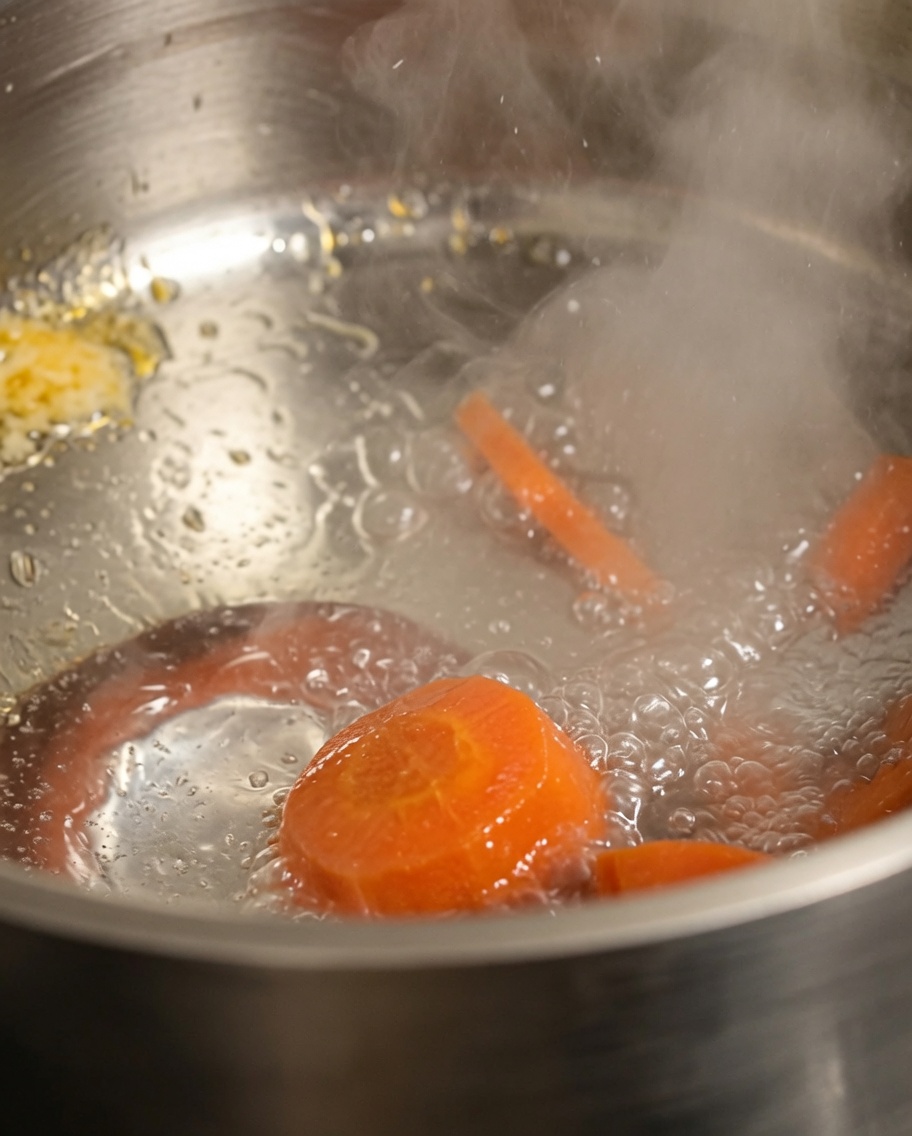 Carrot slices cooking in a pot of boiling water, releasing steam.