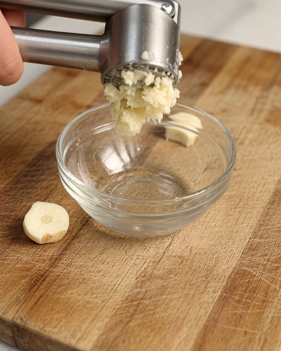 Fresh garlic being pressed into a small glass bowl of water on a cutting board.