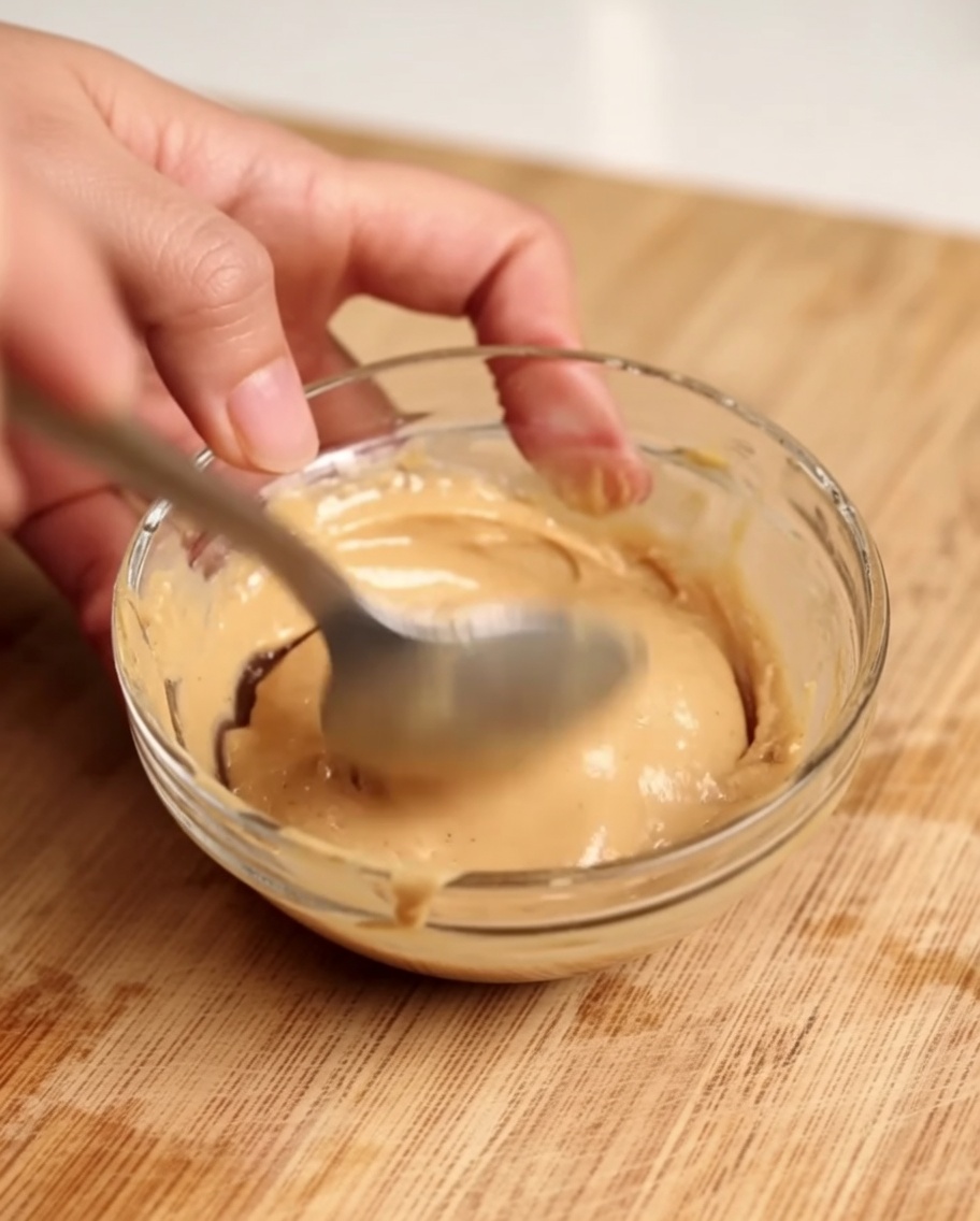 Thick sesame paste being stirred in a glass bowl with a metal spoon.