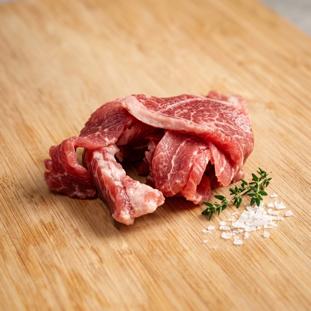 A piece of raw, marbled pork being minced on a cutting board using a large cleaver.
