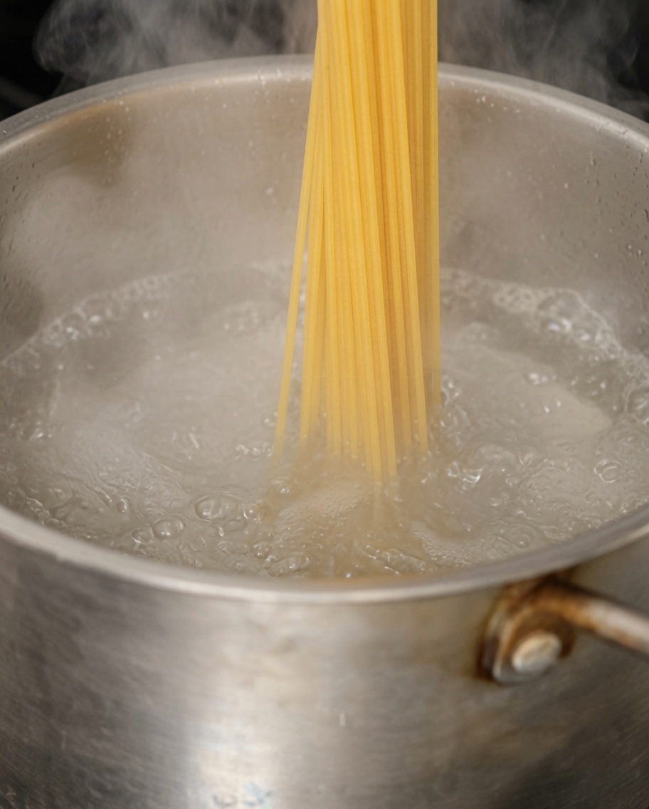 Dry spaghetti noodles being lowered into a large pot of rapidly boiling salted water.