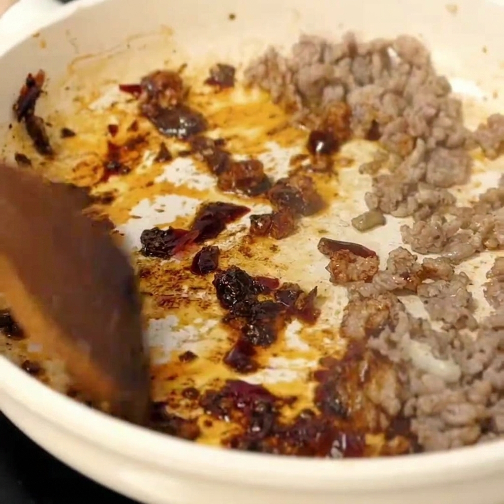 A wooden spatula mixing rich, dark red doubanjiang paste into the cooked minced pork.