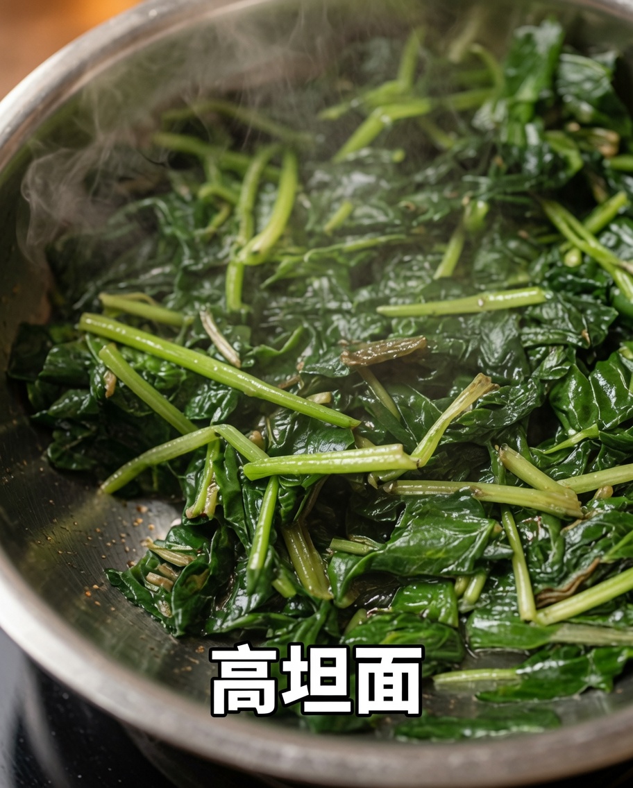 A bowl containing freshly cut noodle strips topped with a serving of vibrant green blanched spinach.
